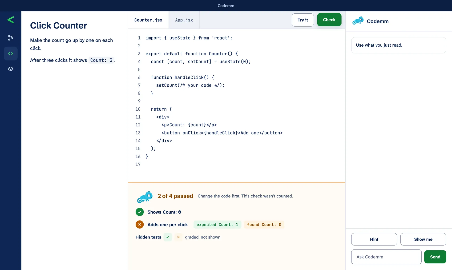 The Codemm app on an activity, Click Counter. The editor shows Counter.jsx. The results read 2 of 4 passed, with each visible test listed and the hidden tests shown only as passed or not yet.