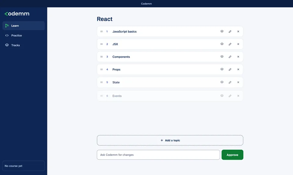 A React roadmap with topics from JavaScript basics to Events, each one editable, and an Approve button.