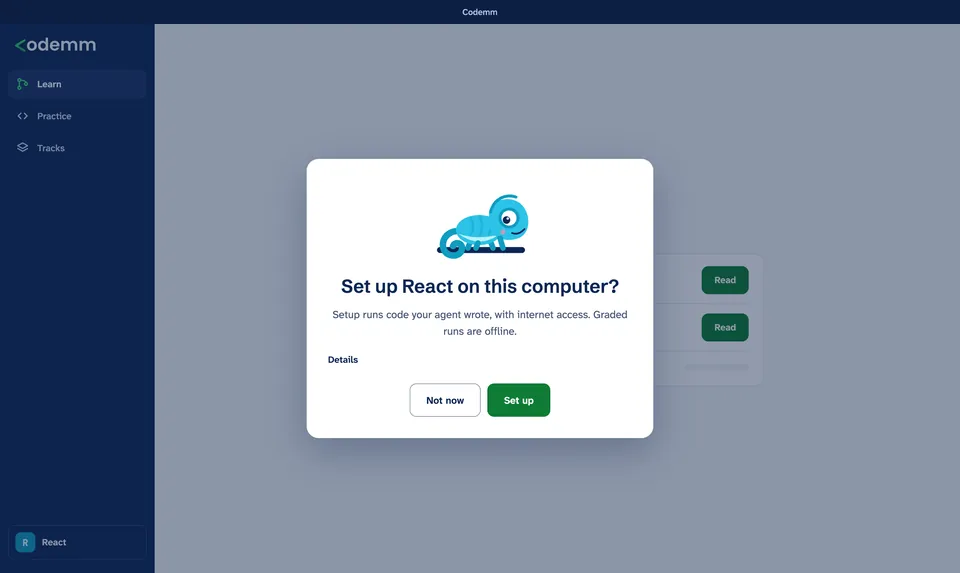 A dialog asks: Set up React on this computer? Setup runs code your agent wrote, with internet access. Graded runs are offline.